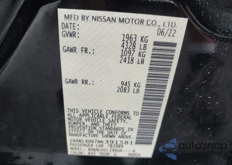 2022 Nissan Altima Sv Fwd from USA, damaged, VIN 1N4BL4DV7NN391581